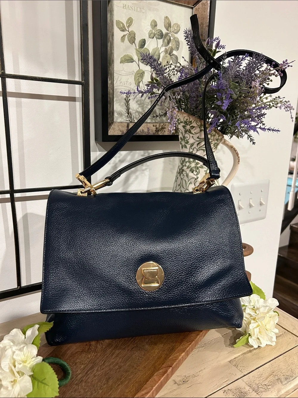Coccinelle Structured Navy Leather Satchel with Gold Accent - Designer Inspired
